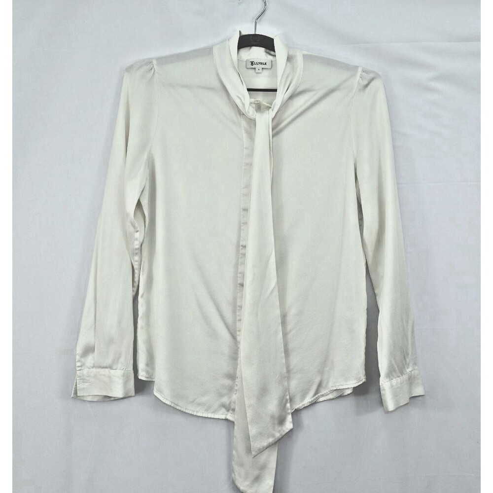 Lilysilk Blouse Womens Small White Neck Tie 100% Mulberry Silk Pearl Work Wear